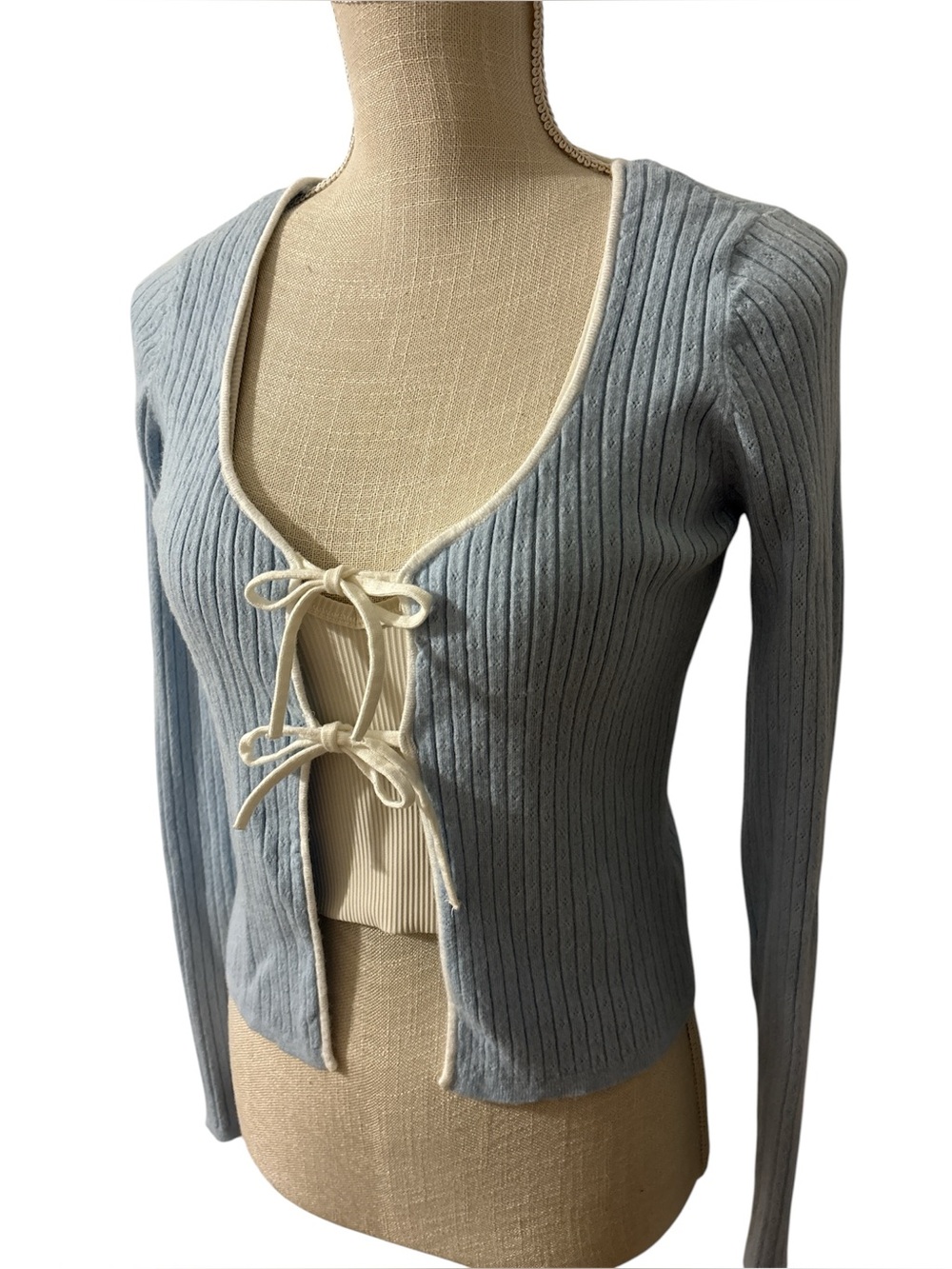 Sincerely Jules Light Blue Tie-Front Ribbed Sleep Top Sz/M - Picture 3 of 12